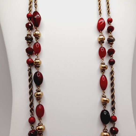 Chico’s Red Glass Beaded Necklace 38” Two Strand Gold Tone Accents Statement - Picture 3 of 11